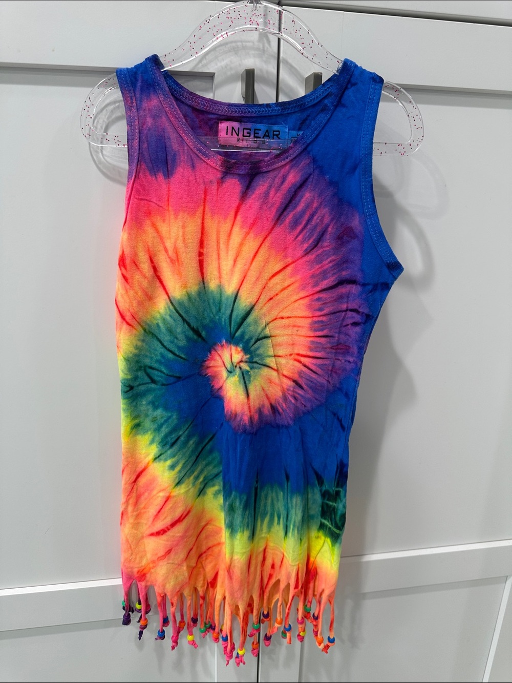 Ingear Rainbow Spiral Tie-Dye Fringe kids tank dress - Blue, Pink, Yellow, Green